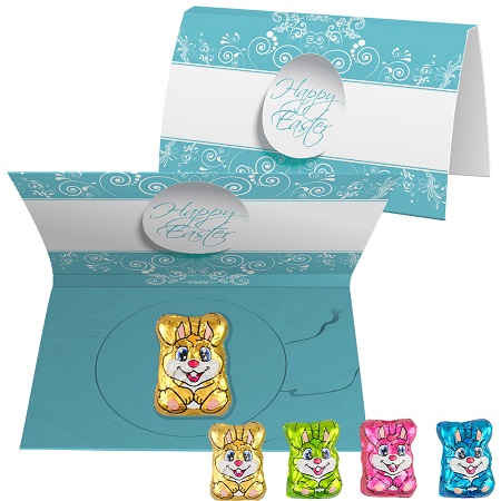 Schoko-Hasen 6g mit Werbekarte bedruckt mit eigenem Logo