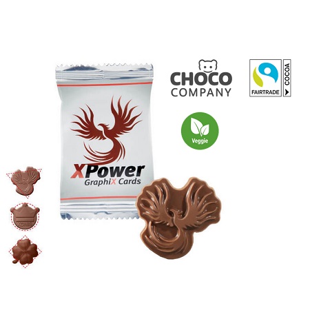 Schoko-Logo-Sonderform im Flowpack mit Logo