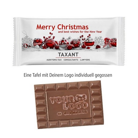 Schoko-Sondermotiv L im Flowpack weißes Papier mit Logo