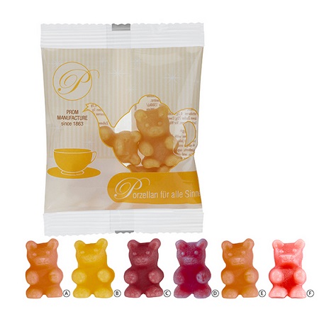 Tee Bären Fruchtgummi im kompostierbaren Werbetütchen bedruckt mit eigenem Logo