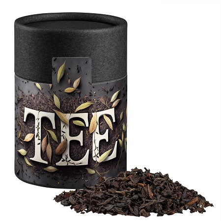 Tee verschiedene Sorten in Kraftpapierdose Midi schwarz mit Logo