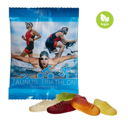 Vegane Jogger-Fruchtgummis in kompostierbarer Folie 20g mit Logo