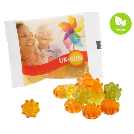 Veganes Wohlfühlfruchtgummi mit Aloe Vera in kompostierbarer Folie 10g mit Logo