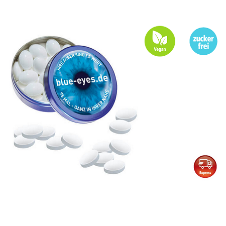 XS-Taschendose Cool Ice Zuckerfreie Pfefferminzpastillen mit Logo