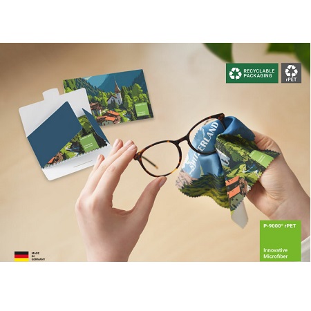 rPET Brillentücher mit Papieretui als Werbegeschenk