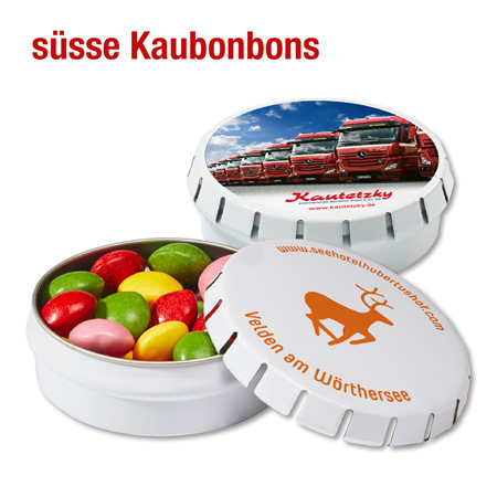 Süße Kaubonbons in Magic-Dose mit Werbedruck oder Firmenlogo