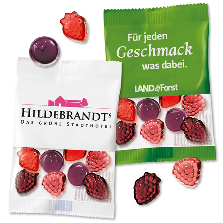 Fruchtgummi-Beeren-Mix in kompostierbarer Werbetüte mit Logo