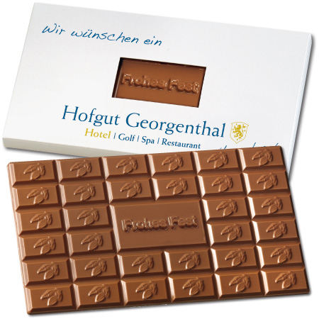 Schokoladentafel 150g „Frohes Fest“ im Werbe-Präsentkarton