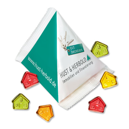 Fruchtgummi-Haus in Werbe-Pyramide 12 g mit Werbung