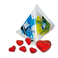 Fruchtgummi-Herz in Werbe-Pyramide 12 g mit Logo als Werbegeschenk