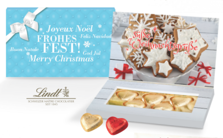 Präsentbox „Business“ mit Lindt Schokoherzen mit Werbung