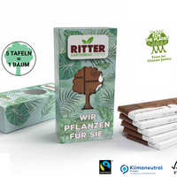  Die Werbekartonage aus FSC ® -zertifiziertem Karton beinhaltet 5 Stück der Guten Schokolade. 5 Tafeln - 1 Baum