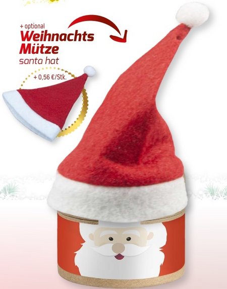 Feuergebrannte Mandeln ca. 40g Biologisch abbaubare Eco Pappdose Mini schwarz mit Werbung und Weihnachtsmütze