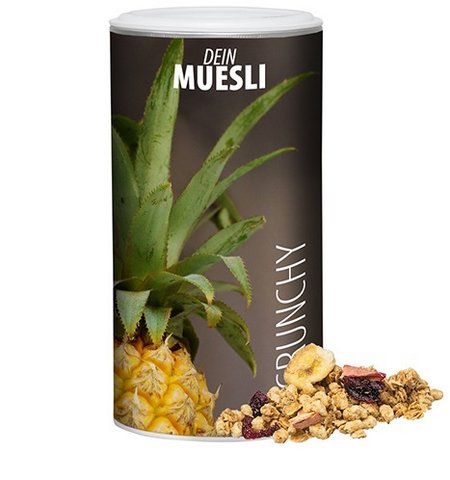 Müsli Knusper Früchte mit Werbung