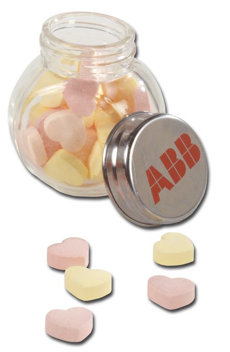 Mini Kugelglas Herzbonbons mit Werbung, Logo