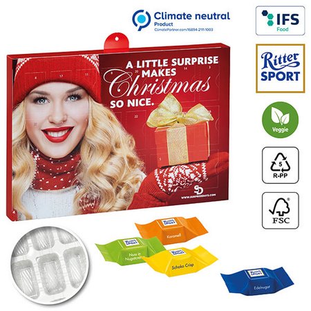 Nachhaltiger Premium Präsent Wand-Adventskalender individuell bedruckt mit ihrem Logo und gefüllt mit Ritter Sport Schokowürfel