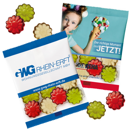 Fruchtgummi-Werbetüte 25g „Bunte Blüten“ mit Werbedruck oder Firmenlogo