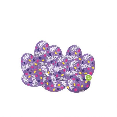 Schoko-Eier 12er-Set Milka Alpenmilch mit Werbung