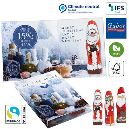 Individuell bedruckbare Faltkarte, Innen sowie Außen mit Mini-Schoko-Weihnachtsmann, leckeres besonderes Werbemittel