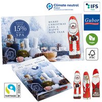 Individuell bedruckbare Faltkarte, Innen sowie Außen mit Mini-Schoko-Weihnachtsmann, leckeres besonderes Werbemittel