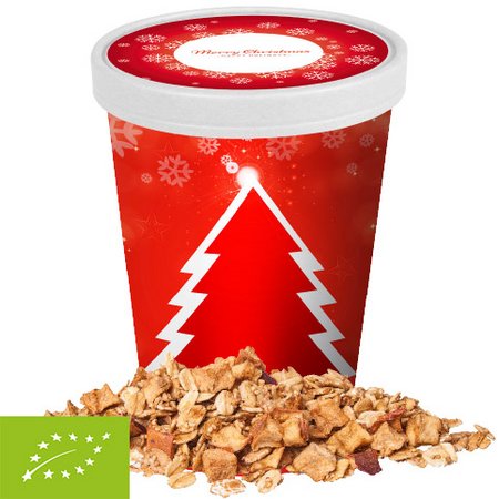 Bio Crunchy Weihnachtsmüsli Apfel-Zimt im Becher mit Firmenlogo oder Werbedruck