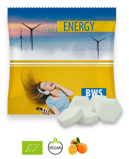 Bio-Mints Mini-Tüte Orange Drops 5g mit Werbung