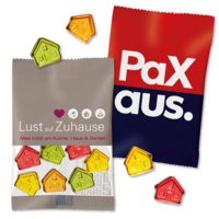 Fruchtgummi-Haus in kompostierbarer Werbetüte mit Logo als Werbegeschenk