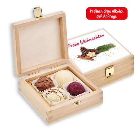 4er Pralinen Holzbox gefüllt mit edlen Pralinen, Holzbox bedruckbar als edles Werbemittel