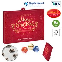 Individuell bedruckbarer Tisch-Wand Adventskalender mit Lindt Lindor Liliput Pralinés und einem 100% recycelbaren Inlay, nachhaltiges Werbemittel zu Weihanchten mit ihrem Logo
