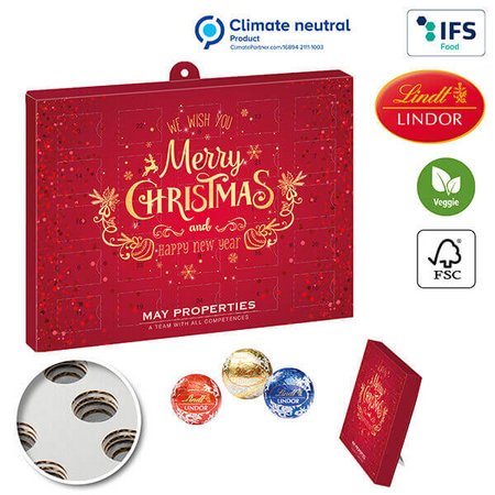 Individuell bedruckbarer Tisch-Wand Adventskalender mit Lindt Lindor Liliput Pralinés und einem 100% recycelbaren Inlay, nachhaltiges Werbemittel zu Weihanchten mit ihrem Logo