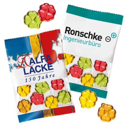 Fruchtgummi-Glücksklee in kompostierbarer Werbetüte 10g mit Logo