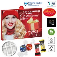 Nachhaltiger Premium Präsent Wand-Adventskalender individuell bedruckt mit ihrem Logo und gefüllt mit einem Mix aus Lindt Schokolade