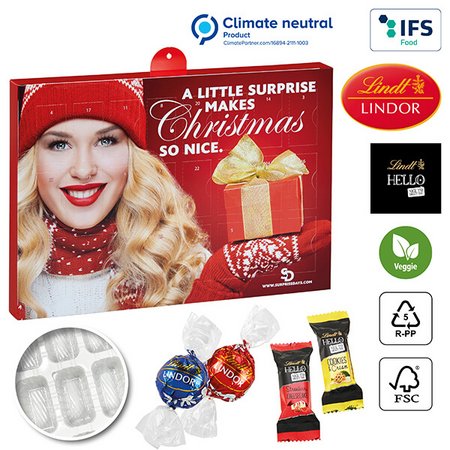 Nachhaltiger Premium Präsent Wand-Adventskalender individuell bedruckt mit ihrem Logo und gefüllt mit einem Mix aus Lindt Schokolade