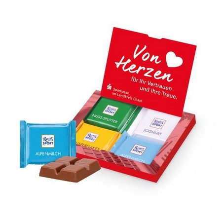 Mini-Grußkarte mit Ritter SPORT Schokolade mit Werbung