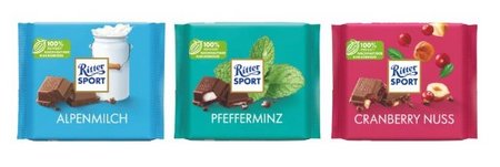 Füllvarianten Schokotafel Ritter SPORT Kleeblatt mit Werbung