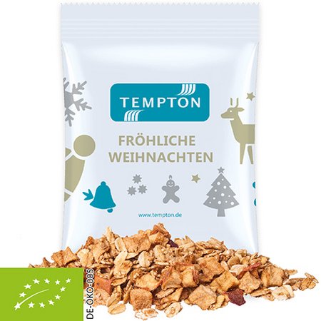 Bio Crunchy Weihnachtsmüsli Apfel-Zimt 60g mit Logo