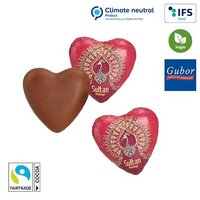 Personalisiertes Schokoladenherz mit Fairtrade Kakaoanteil und klimaneutralproduziert, bedruckbar mit ihrem Logo als optimales Werbemittel