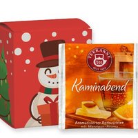 Teeschachtel mit Weihnachts-Beuteltee Kaminabend mit Werbung