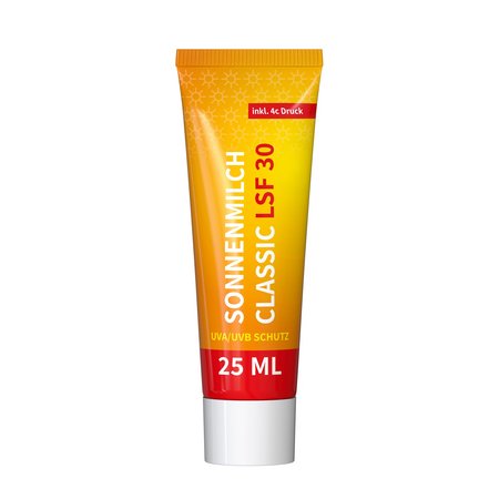 Sonnenmilch LSF 30 in 25 ml Tube individuell bedrucken als Werbegeschenk