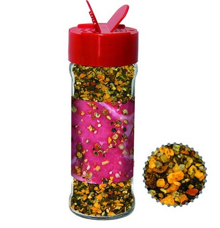 Grobe Gewürzmischung in Gewürzstreuer mit Logo