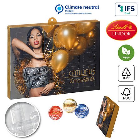 Individuell bedruckbarer Tisch-Wand Adventskalender mit Lindt Lindor Liliput-Pralinés und einem 100% recycelbaren Inlay, nachhaltiges Werbemittel zu Weihanchten mit ihrem Logo