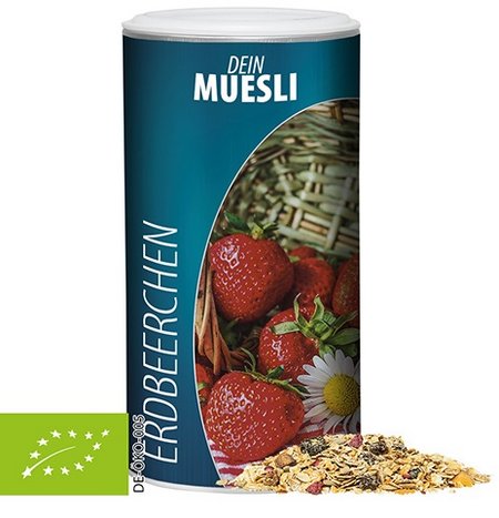 Bio Müsli Erdbeerchen oder Bio Müsli Sauerkirsche mit Werbung