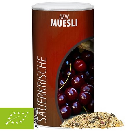 Bio Müsli Sauerkirsche mit Werbung