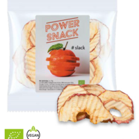 Vegane Bio Apfelchips im bedruckten Tütchen als Werbemittel