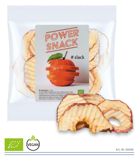 Vegane Bio Apfelchips im bedruckten Tütchen als Werbemittel
