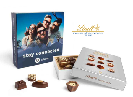 Lindt Mini Pralinés in individuell bedrucktem Werbeschuber