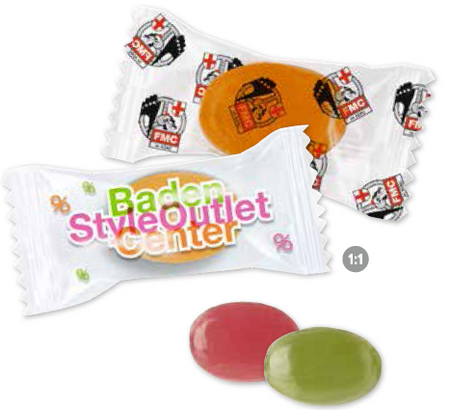 Frucht-Bonbons im Flowpack mit Werbung, Logo