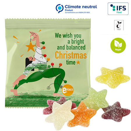 Veganes Weihnachtsgelee ohne Gelantine in einem individuell bedruckten kompostierbaren Werbetütchen mit ihrem Logo.