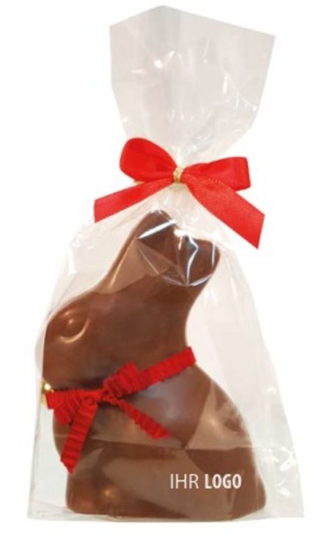 Lindt-Hase Schokohase mit Ihrem Logo und roter Schleife im Tütchen