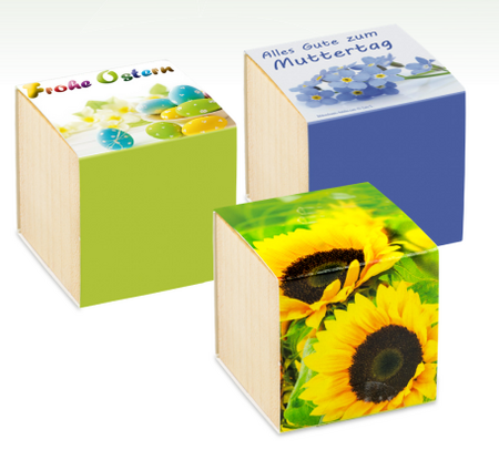Pflanz-Holz mit Standardmotiven mit Werbedruck